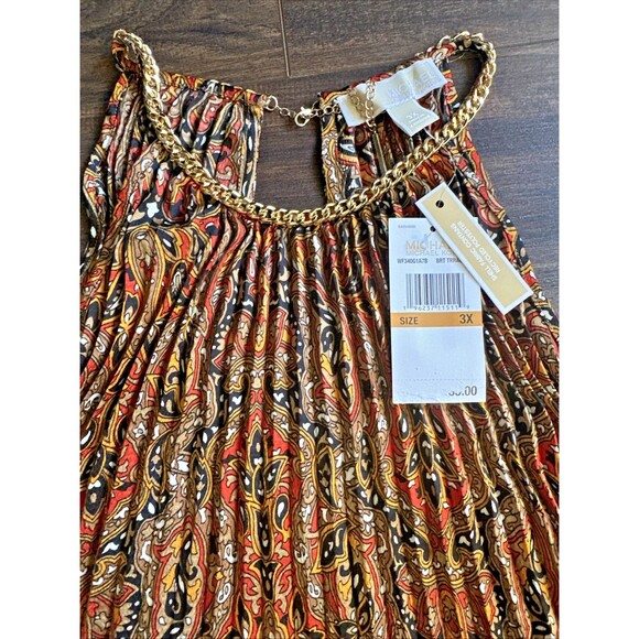 Michael Kors Women's Plus Size Pleated Printed Chain-Neck Top  Blouse Brown 3X - Picture 9 of 11